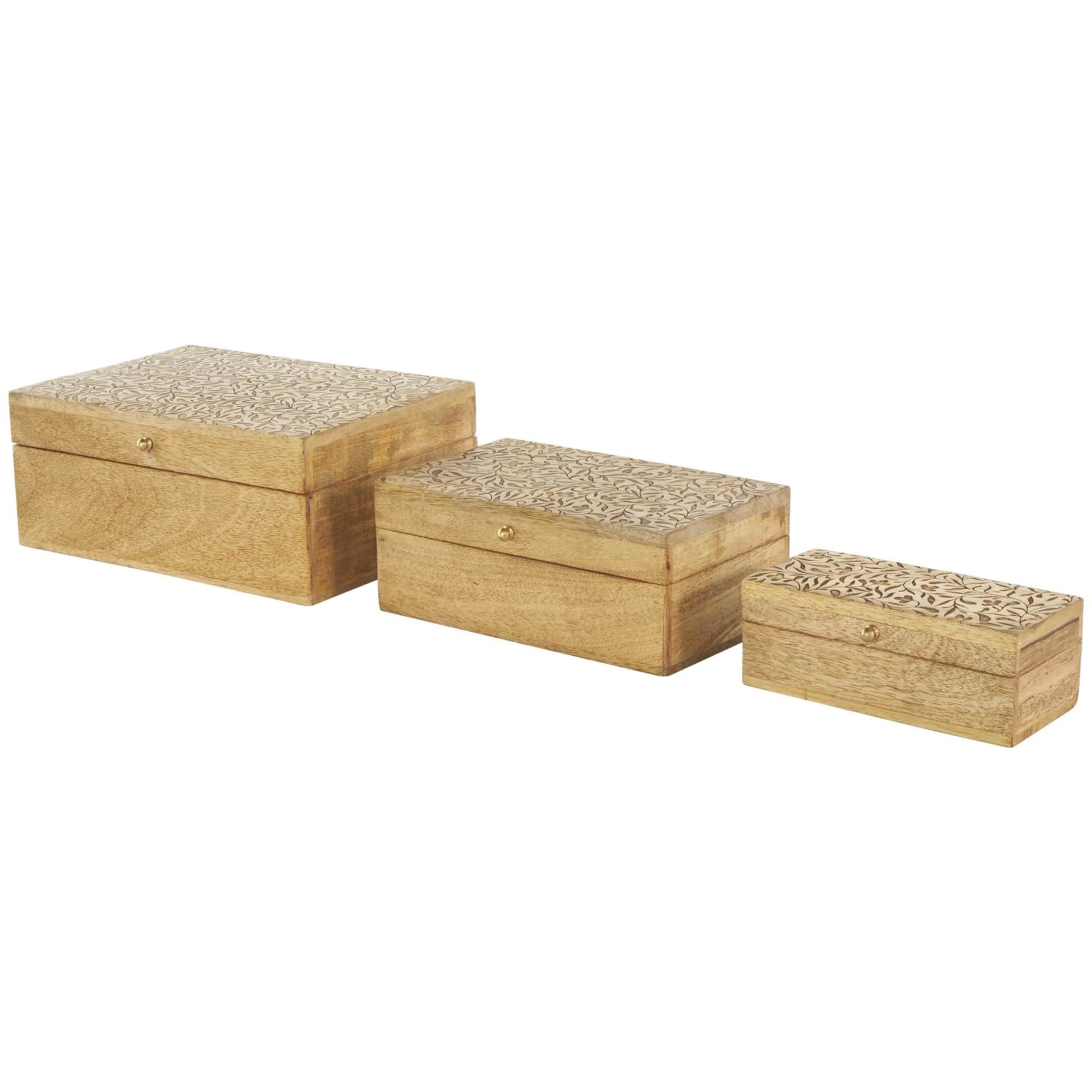 Brown Mango Wood Scroll Handmade Storage Box with Vine Carvings & Gold Accents, 3ct.